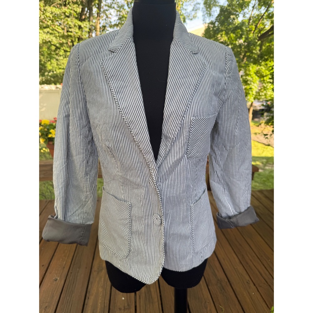 Mango MNG Suit Seersucker Blazer Blue White Striped Cotton Jacket Womens Size 8